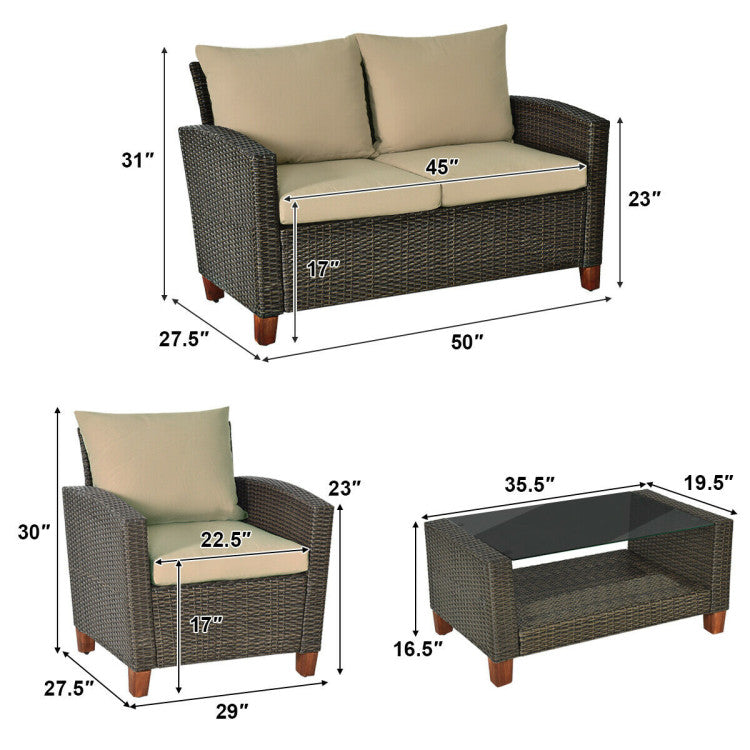 Outdoor 4 Pieces Patio Rattan Furniture Set with Cushions
