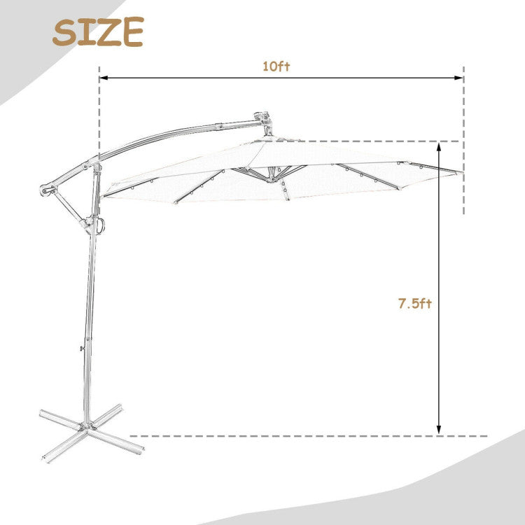 Outdoor 10 Feet 360° Rotation Solar Powered LED Patio Offset Umbrella without Weight Base