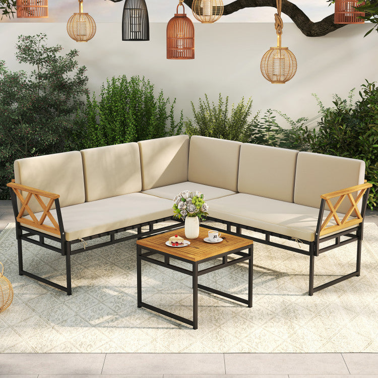 Outdoor 4 Pieces Patio L-Shaped Sofa Set with Cushions and Side Table