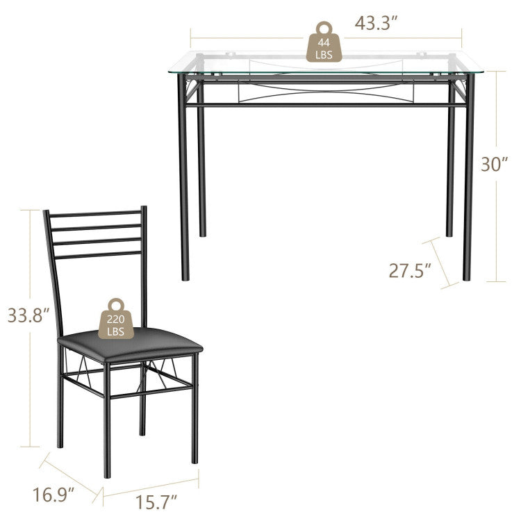 Modern 5 Pieces Dining Set with Tempered Glass Top Table and 4 Upholstered Chairs