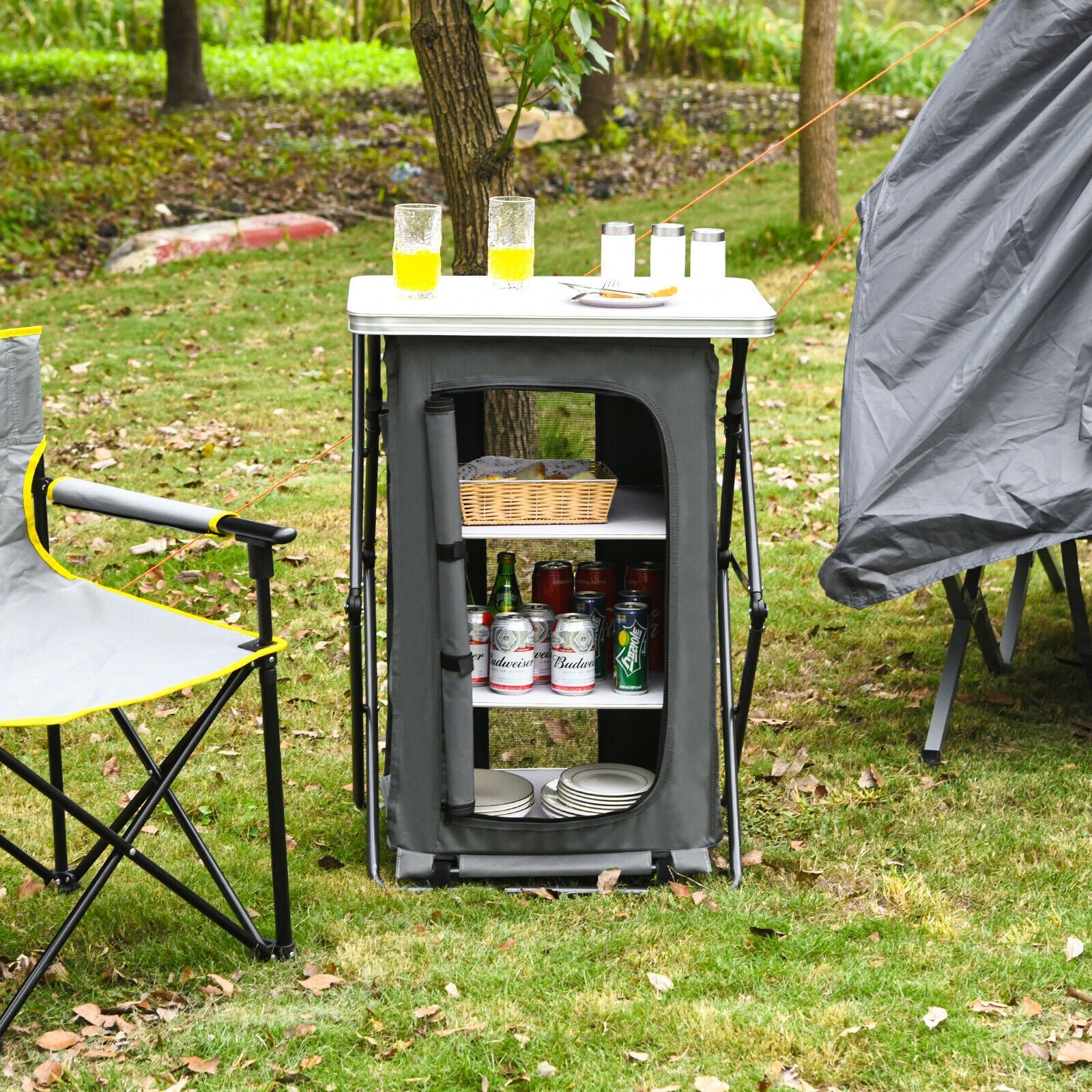 Outdoor Folding Camping Storage Cabinet with 3 Shelves and Carry Bag