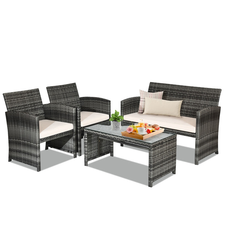 Outdoor 4 Pieces Patio Rattan Furniture Set with Glass Table and Loveseat
