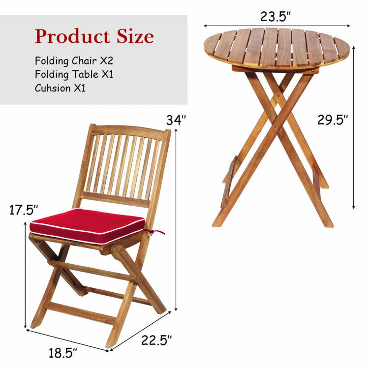 New Outdoor 3 Pieces Patio Folding Bistro Set with Padded Cushion and Round Coffee Table