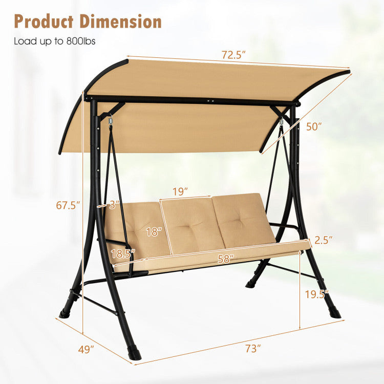 Outdoor 3-Seat Outdoor Porch Swing with Adjustable Canopy and Padded Cushions