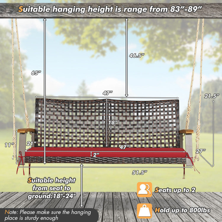 Outdoor 2-Person Rattan Hanging Porch Swing Chair