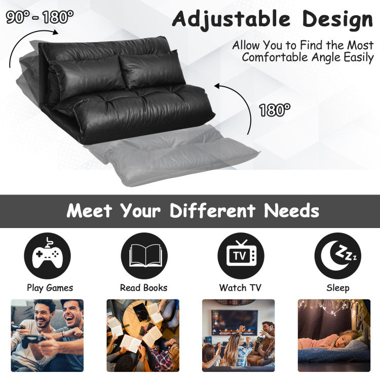 Home Foldable PU Leather Leisure Floor Sofa Bed with 2 Pillows