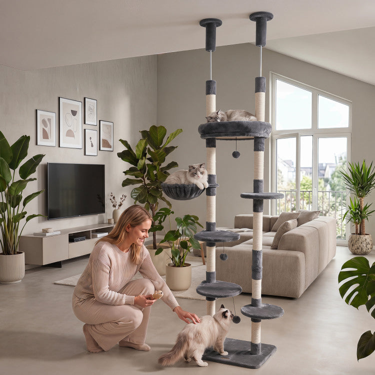 New 6-tier Floor to Ceiling Cat Tree with Plush Bed and Sisal Scratching Posts