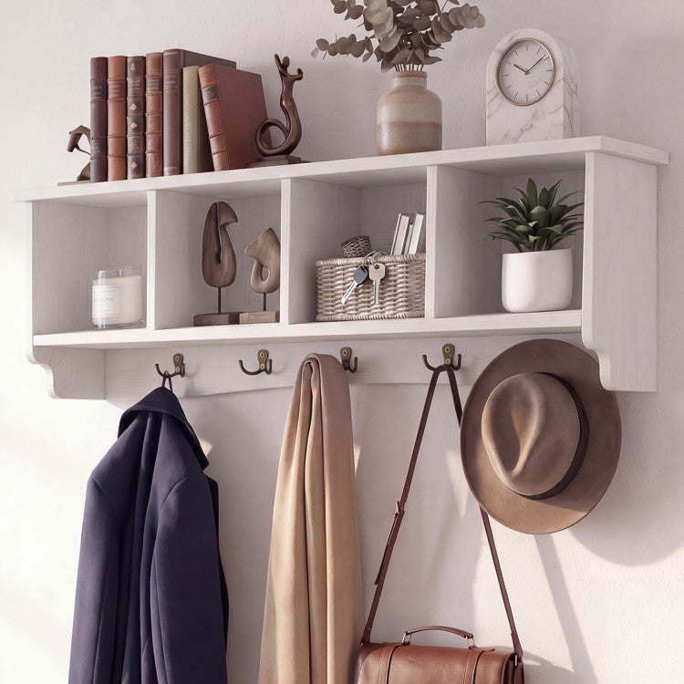 New Wall-Mounted Wooden Shelf Coat Rack with 4 Cubbies and 5 Double Hooks