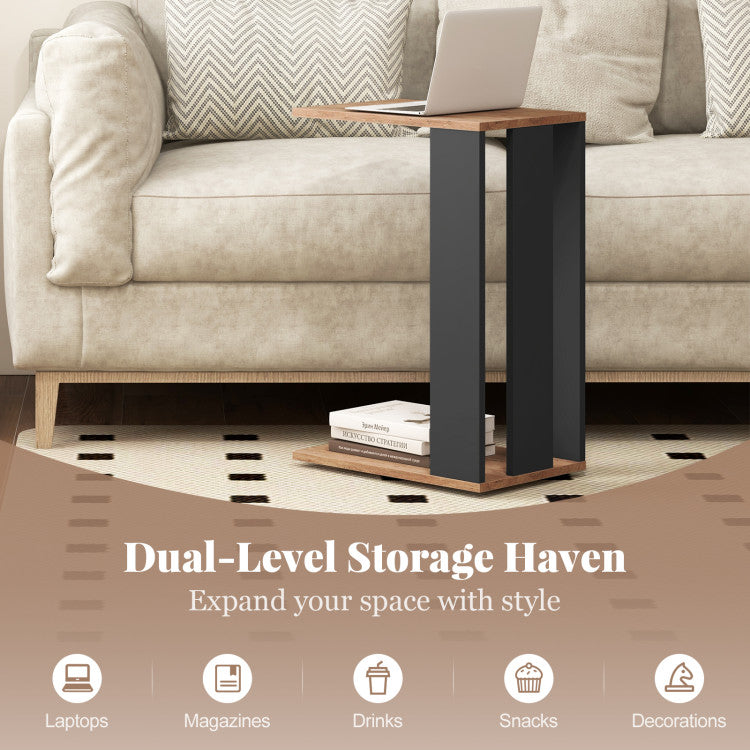 Home 2-Tier C-Shaped Side Table with Universal Wheels and Shelf