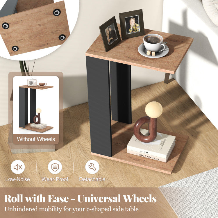 Home 2-Tier C-Shaped Side Table with Universal Wheels and Shelf