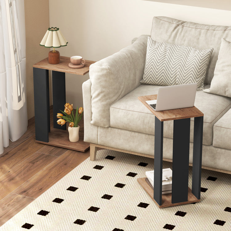 Home 2-Tier C-Shaped Side Table with Universal Wheels and Shelf