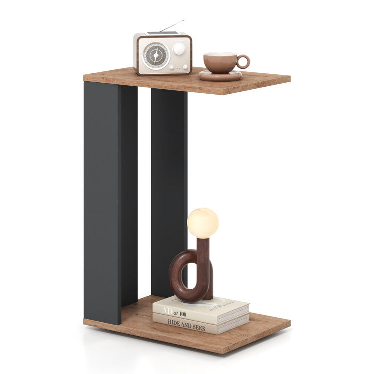 Home 2-Tier C-Shaped Side Table with Universal Wheels and Shelf