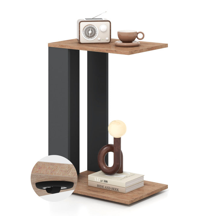 Home 2-Tier C-Shaped Side Table with Universal Wheels and Shelf