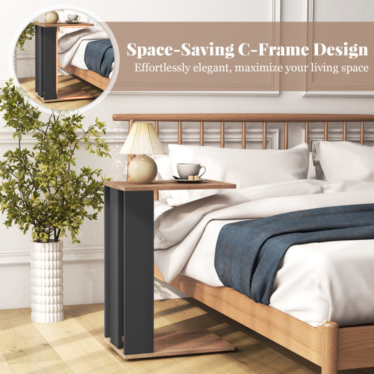 Home 2-Tier C-Shaped Side Table with Universal Wheels and Shelf