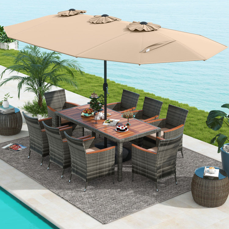 10 Pieces Wicker Outdoor Dining Set for 8 with 15 Feet Patio Umbrella