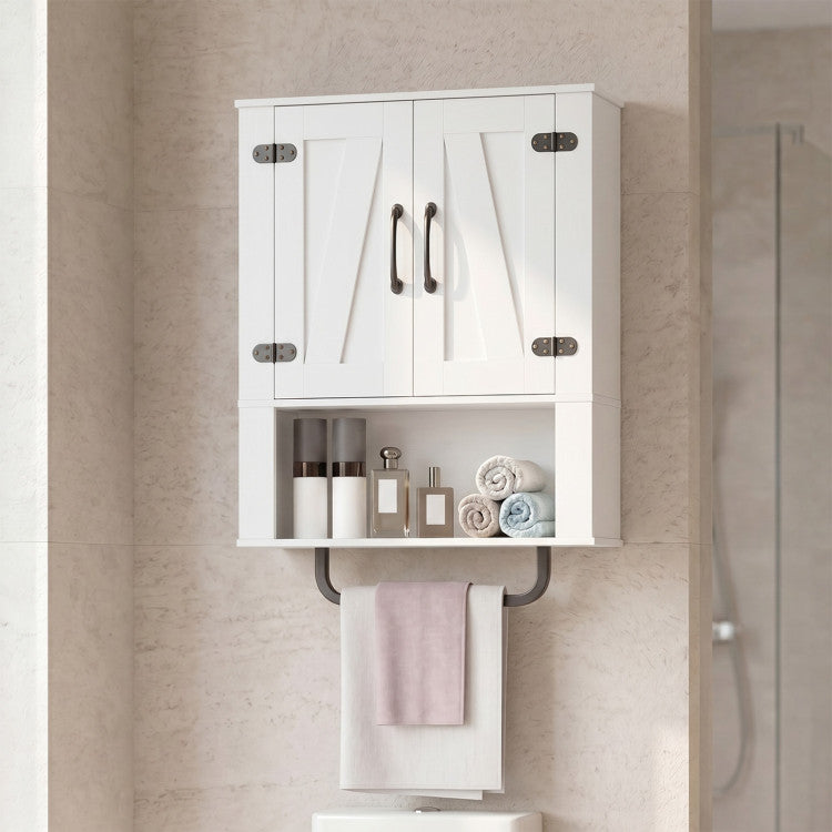 New Bathroom Wall Cabinet with 2 Barn Doors and Towel Bar and 3-Tier Wooden Storage