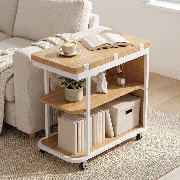New Mobile Night Stand with Foldable Swivel Top and 2-Tier Shelf for Small Spaces