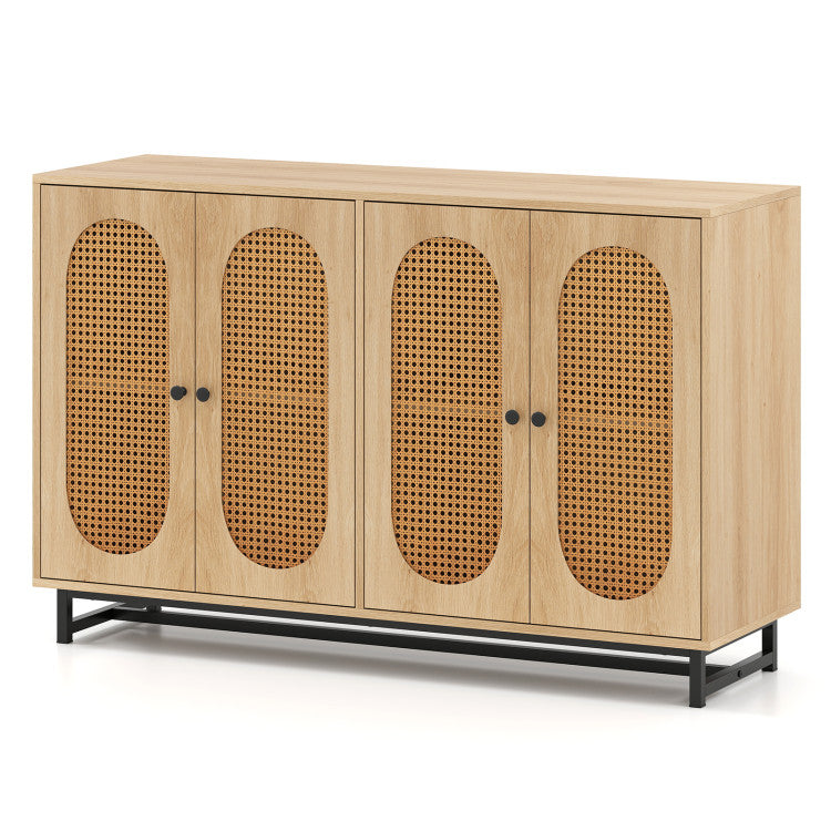 Home 50 Inch Buffet Sideboard Cabinet with 4 Rattan Doors and Adjustable Shelves