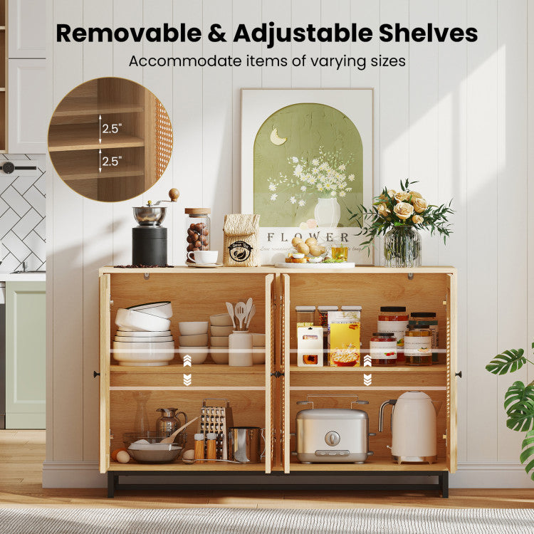 Home 50 Inch Buffet Sideboard Cabinet with 4 Rattan Doors and Adjustable Shelves