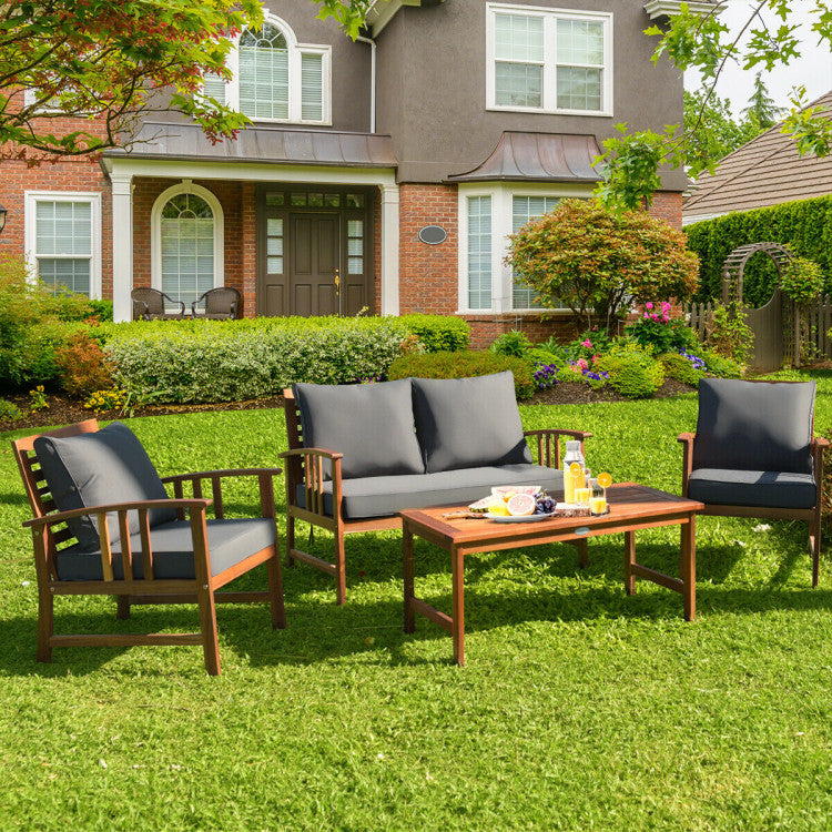 Outdoor 4 Pieces Wooden Patio Sofa Chair Set with Cushion