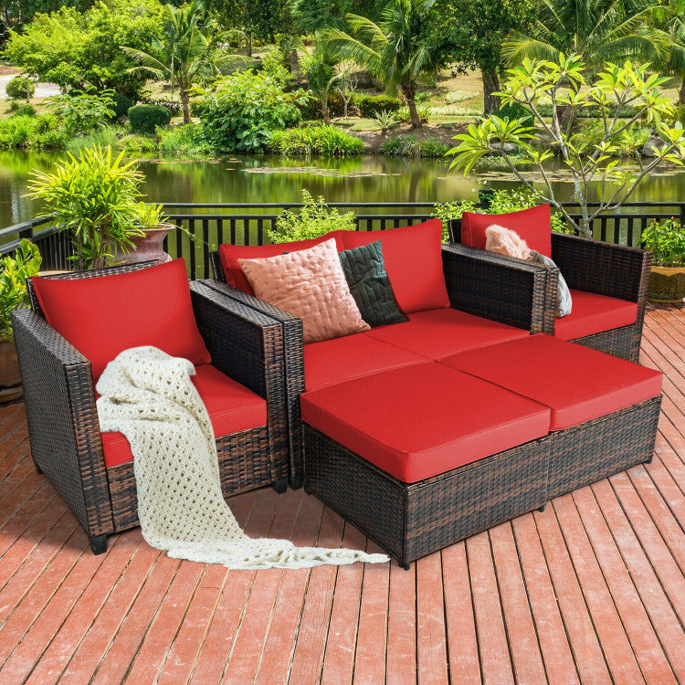 Outdoor 5 Pieces Patio Rattan Furniture Set with Removable Cushions