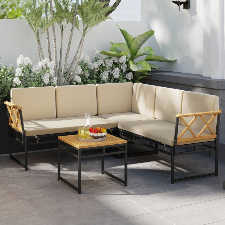 Outdoor 4 Pieces Patio L-Shaped Sofa Set with Cushions and Side Table