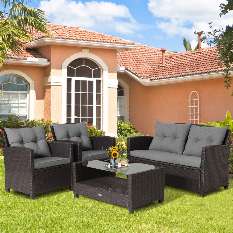 4 Pieces Patio Rattan Conversation Furniture Set with Glass Top Coffee Table