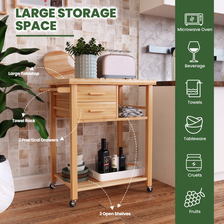 Modern Bamboo Kitchen Trolley Cart with Tower Rack and Drawers