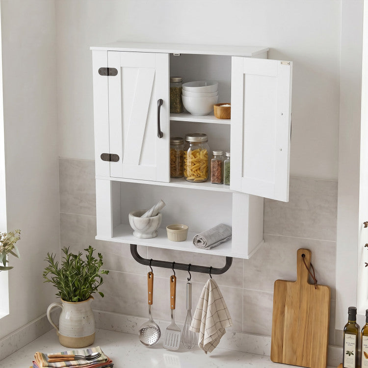 New Bathroom Wall Cabinet with 2 Barn Doors and Towel Bar and 3-Tier Wooden Storage