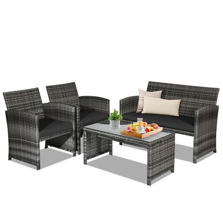 Outdoor 4 Pieces Patio Rattan Furniture Set with Glass Table and Loveseat