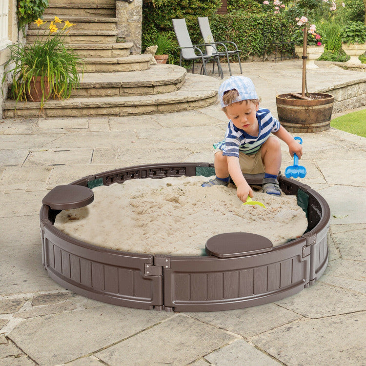 Outdoor Kids Sandbox with Built-in Corner Seat and Cover