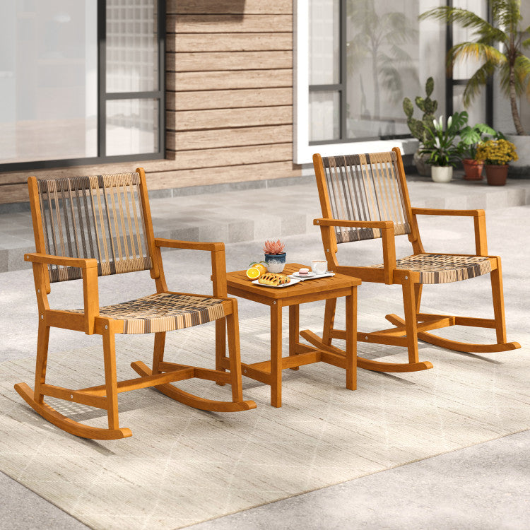 Outdoor 3 Piece Patio Rocking Set Acacia Wood Rocker Bistro Set with Rattan Seat and Back