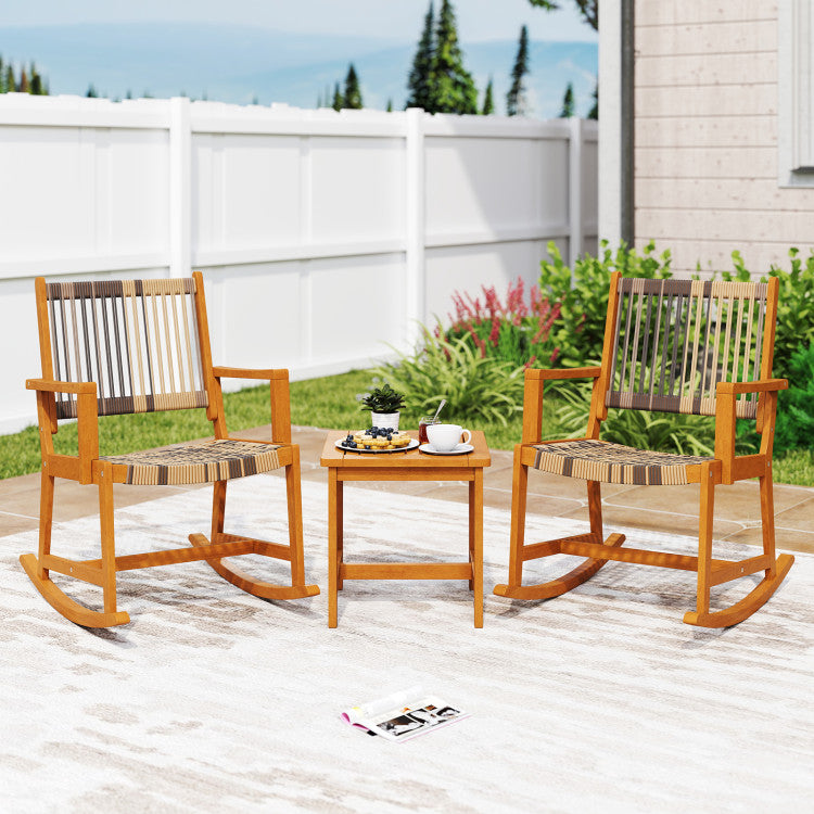 Outdoor 3 Piece Patio Rocking Set Acacia Wood Rocker Bistro Set with Rattan Seat and Back