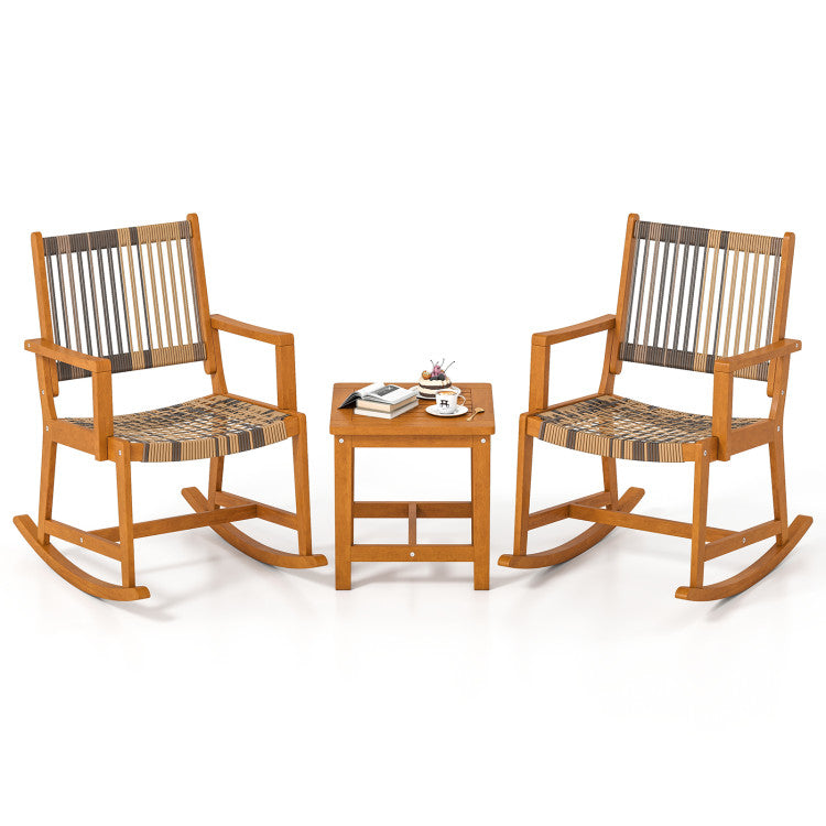 Outdoor 3 Piece Patio Rocking Set Acacia Wood Rocker Bistro Set with Rattan Seat and Back