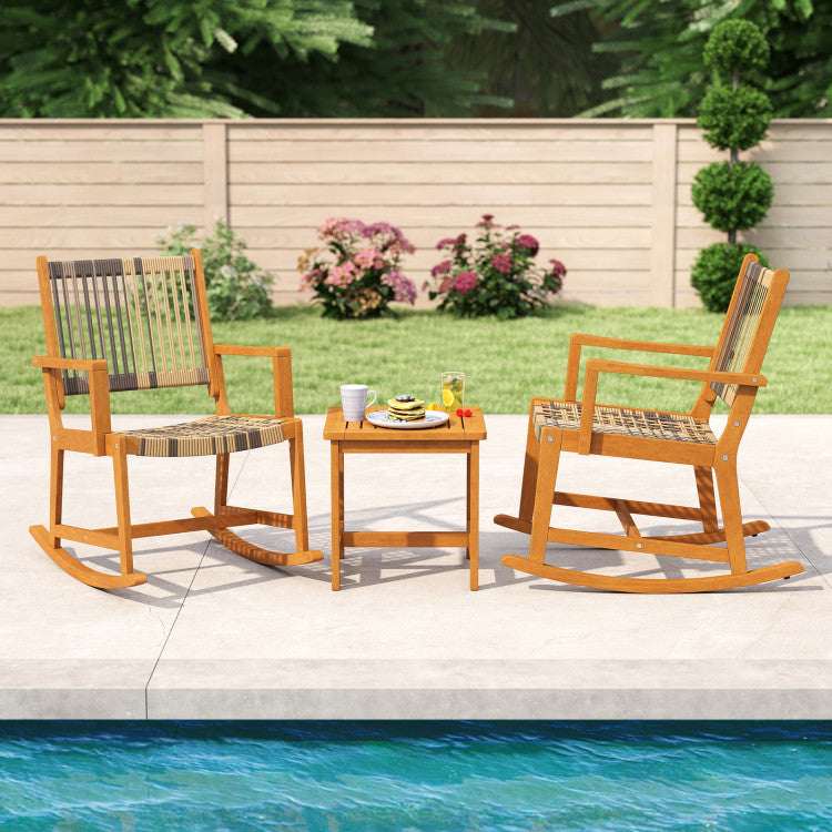 Outdoor 3 Piece Patio Rocking Set Acacia Wood Rocker Bistro Set with Rattan Seat and Back