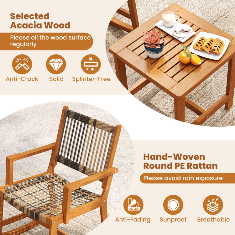 Outdoor 3 Piece Patio Rocking Set Acacia Wood Rocker Bistro Set with Rattan Seat and Back