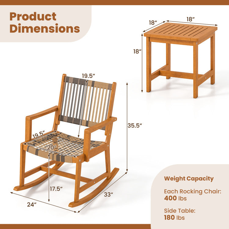 Outdoor 3 Piece Patio Rocking Set Acacia Wood Rocker Bistro Set with Rattan Seat and Back