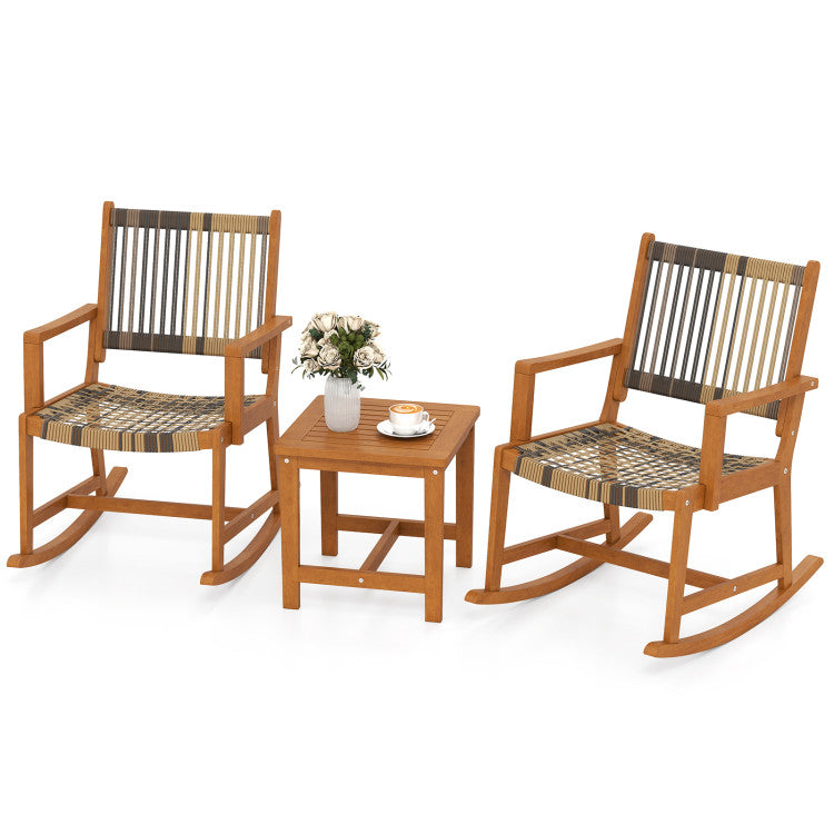 Outdoor 3 Piece Patio Rocking Set Acacia Wood Rocker Bistro Set with Rattan Seat and Back