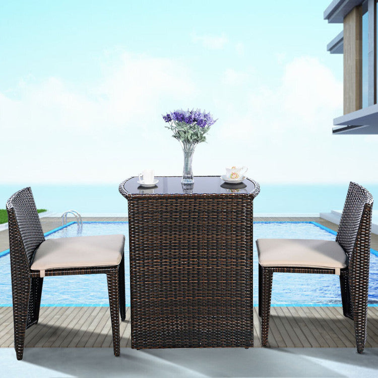 Outdoor 3 Pieces Cushioned Wicker Patio Bistro Set with No Assembly Needed