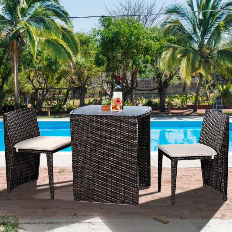 Outdoor 3 Pieces Cushioned Wicker Patio Bistro Set with No Assembly Needed