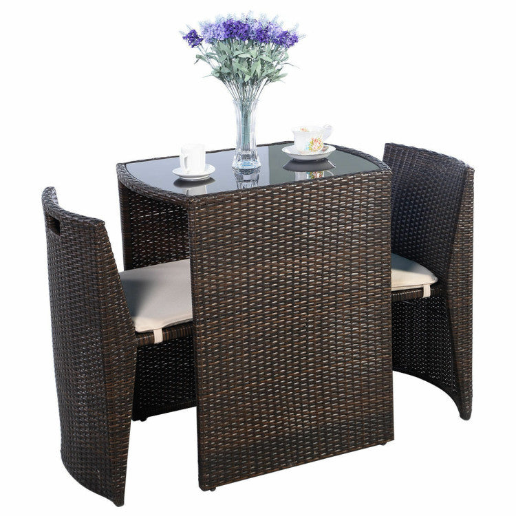 Outdoor 3 Pieces Cushioned Wicker Patio Bistro Set with No Assembly Needed