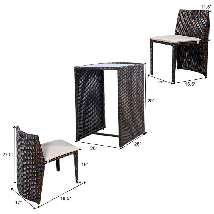 Outdoor 3 Pieces Cushioned Wicker Patio Bistro Set with No Assembly Needed