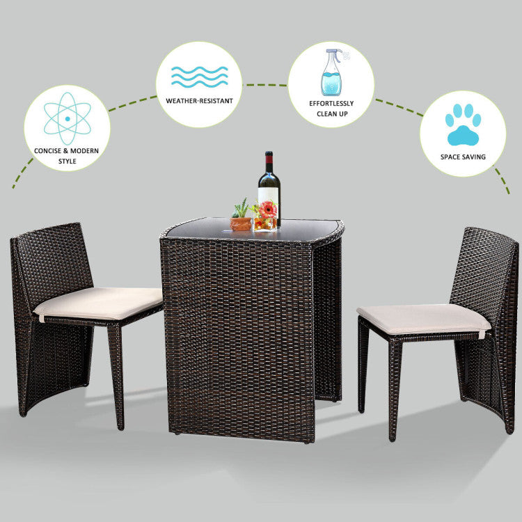 Outdoor 3 Pieces Cushioned Wicker Patio Bistro Set with No Assembly Needed