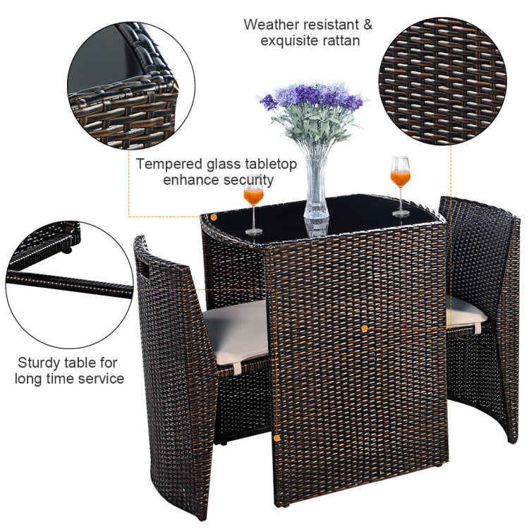 Outdoor 3 Pieces Cushioned Wicker Patio Bistro Set with No Assembly Needed