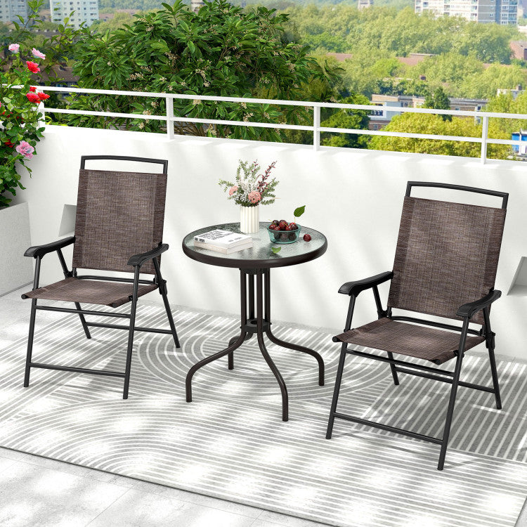Outdoor 3 Pieces Patio Round Table and Folding Chairs Set with Rippled Tempered Glass Tabletop