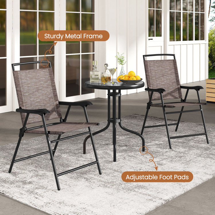 Outdoor 3 Pieces Patio Round Table and Folding Chairs Set with Rippled Tempered Glass Tabletop