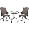 Outdoor 3 Pieces Patio Round Table and Folding Chairs Set with Rippled Tempered Glass Tabletop