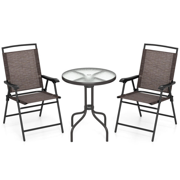 Outdoor 3 Pieces Patio Round Table and Folding Chairs Set with Rippled Tempered Glass Tabletop