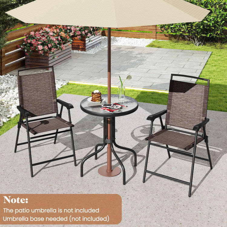 Outdoor 3 Pieces Patio Round Table and Folding Chairs Set with Rippled Tempered Glass Tabletop