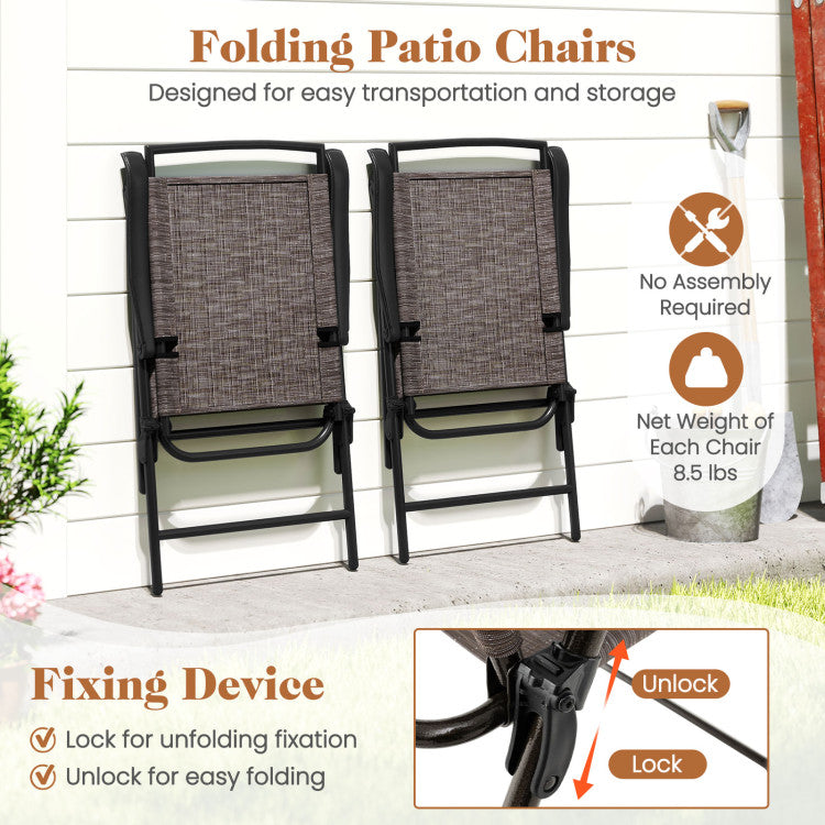 Outdoor 3 Pieces Patio Round Table and Folding Chairs Set with Rippled Tempered Glass Tabletop
